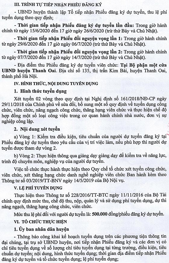 UBND huyện Thanh Oai, Hà Nội tuyển dụng viên chức năm 2020
