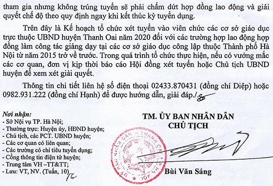 UBND huyện Thanh Oai, Hà Nội tuyển dụng viên chức năm 2020