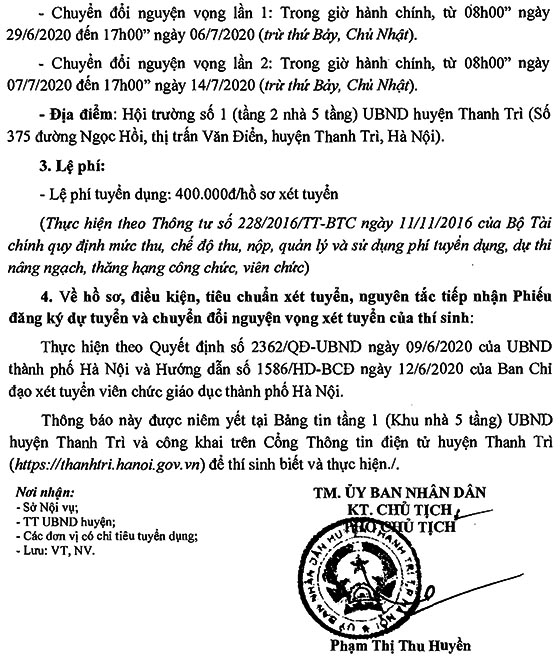 UBND huyện Thanh Trì, Hà Nội tuyển dụng giáo viên năm 2020
