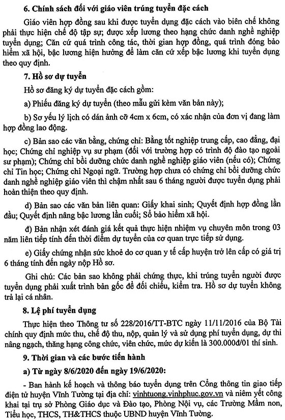 UBND huyện Vĩnh Tường, Vĩnh Phúc tuyển dụng đặc cách giáo viên năm 2020