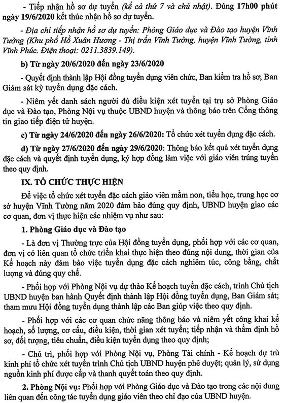 UBND huyện Vĩnh Tường, Vĩnh Phúc tuyển dụng đặc cách giáo viên năm 2020