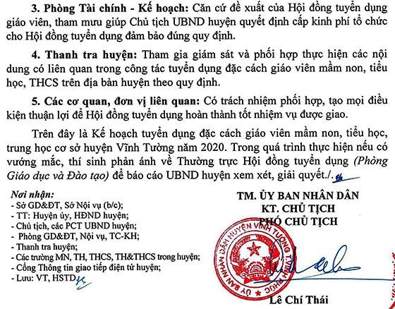 UBND huyện Vĩnh Tường, Vĩnh Phúc tuyển dụng đặc cách giáo viên năm 2020