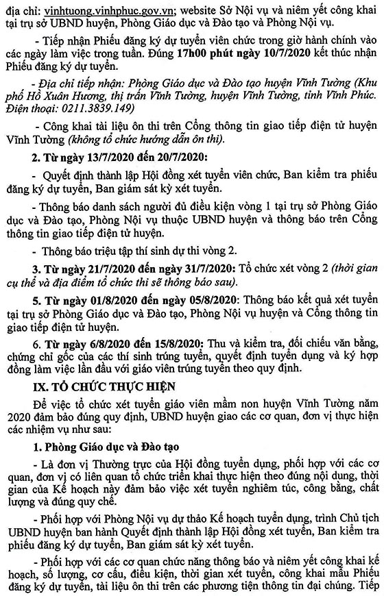 UBND huyện Vĩnh Tường, Vĩnh Phúc tuyển dụng giáo viên mầm non năm 2020