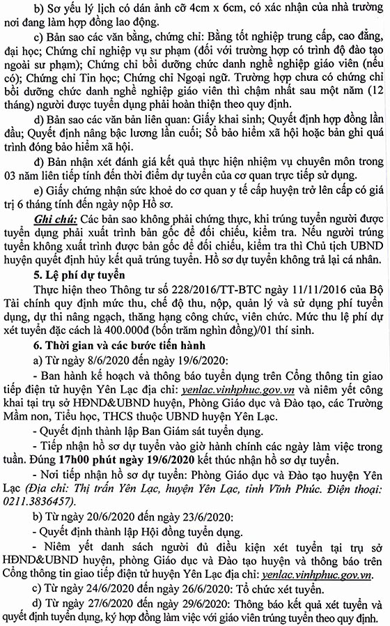 UBND huyện Yên Lạc, Vĩnh Phúc tuyển dụng đặc cách giáo viên năm 2020