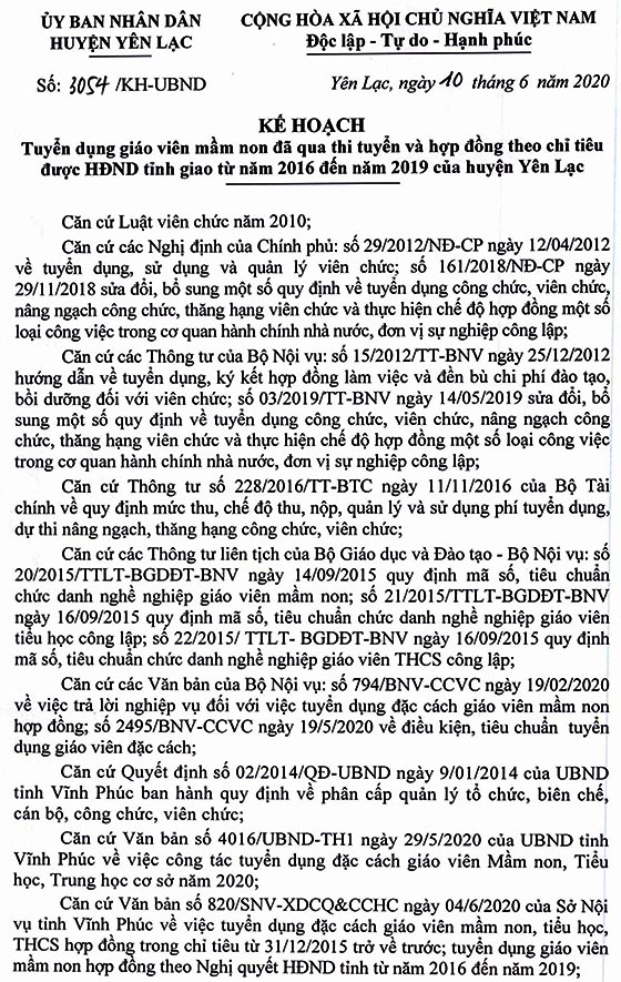 UBND huyện Yên Lạc, Vĩnh Phúc tuyển dụng giáo viên mầm non năm 2020