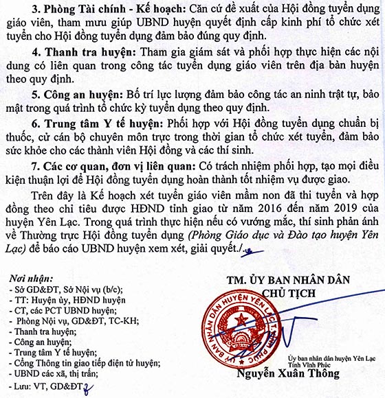 UBND huyện Yên Lạc, Vĩnh Phúc tuyển dụng giáo viên mầm non năm 2020