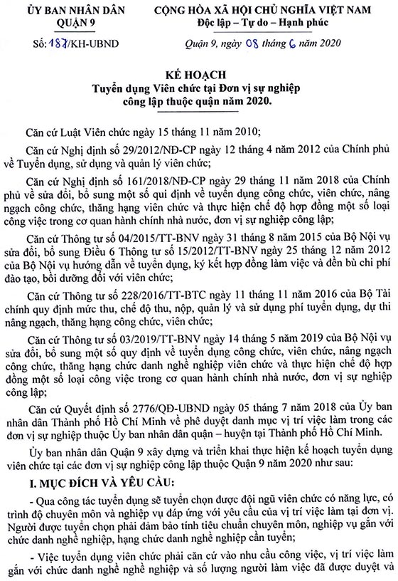 UBND quận 9, TP.HCM tuyển dụng viên chức năm 2020