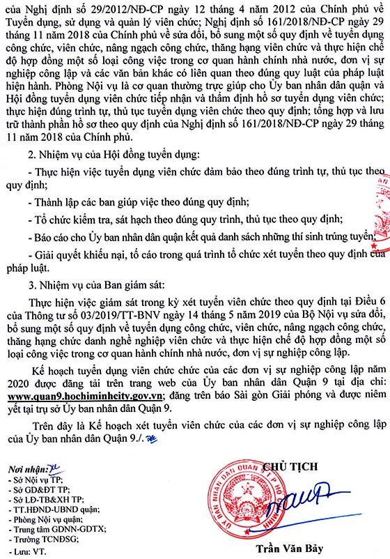 UBND quận 9, TP.HCM tuyển dụng viên chức năm 2020