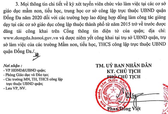 UBND quận Đống Đa, Hà Nội tuyển dụng giáo viên năm 2020
