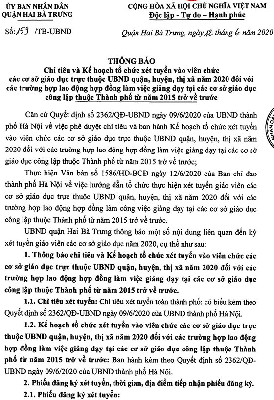 UBND quận Hai Bà Trưng, Hà Nội thông báo nội dung liên quan đến tuyển dụng giáo viên năm 2020