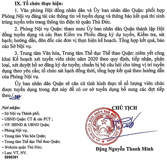 UBND Quận Thủ Đức, TP.HCM tuyển dụng viên chức năm 2020