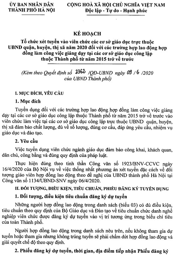 UBND TP.Hà Nội tuyển dụng giáo viên năm 2020