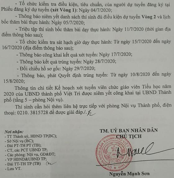 UBND TP.Việt Trì, Phú Thọ tuyển dụng giáo viên năm 2020