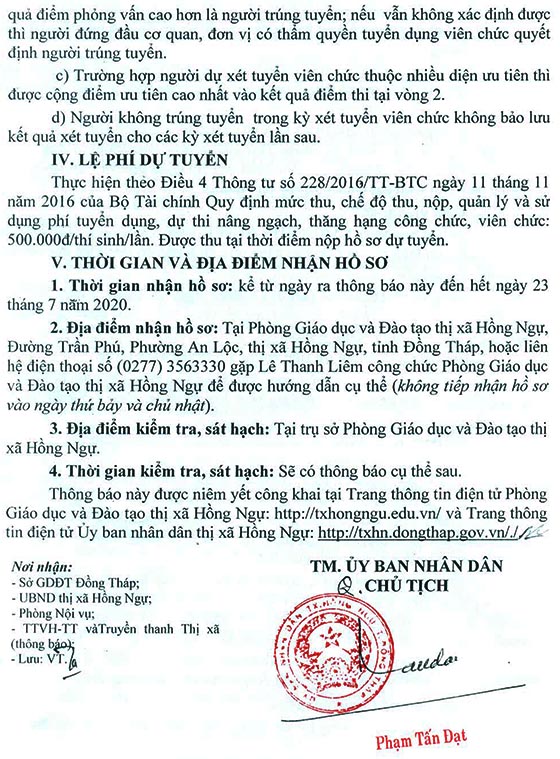 UBND TX.Hồng Ngự, Đồng Tháp tuyển dụng viên chức giáo dục năm 2020