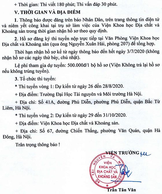Viện Khoa học Địa chất và Khoáng sản thông báo thi tuyển viên chức năm 2020