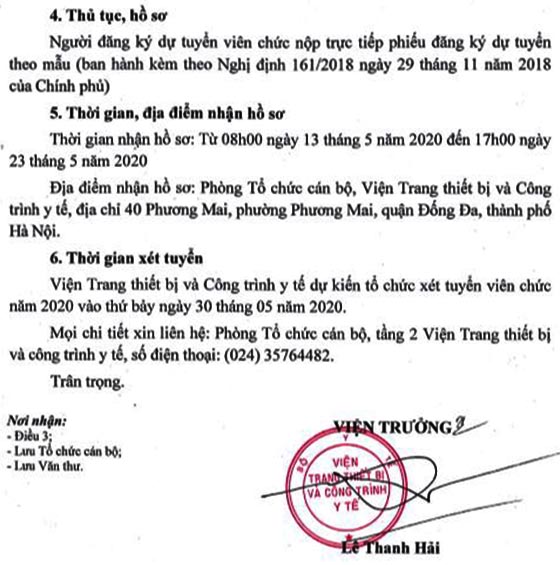 Viện Trang thiết bị và công trình y tế tuyển dụng viên chức năm 2020