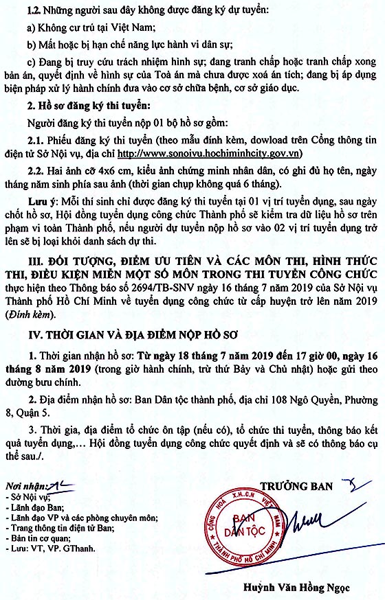 Ban Dân tộc TP.HCM tuyển dụng công chức năm 2020