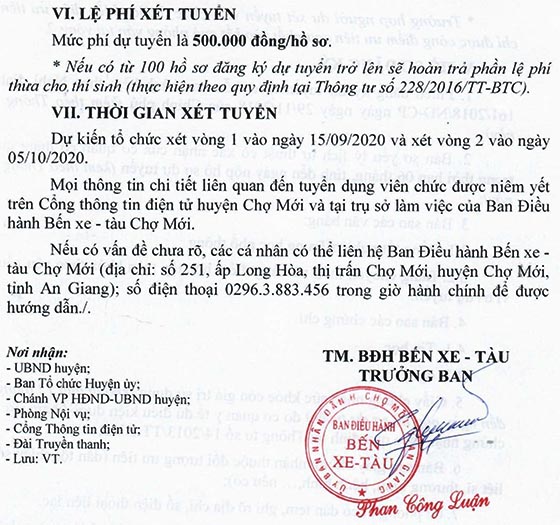 Ban Điều hành Bến xe - tàu Chợ Mới, An Giang tuyển dụng viên chức năm 2020