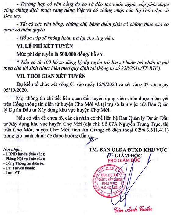 Ban QLDA ĐTXD huyện Chợ Mới, An Giang tuyển dụng viên chức năm 2020 