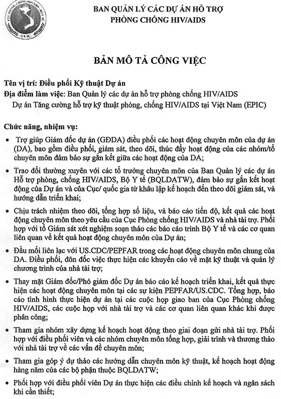 Ban Quản lý các dự án hỗ trợ phòng chống HIV/AIDS tuyển dụng nhân sự năm 2020