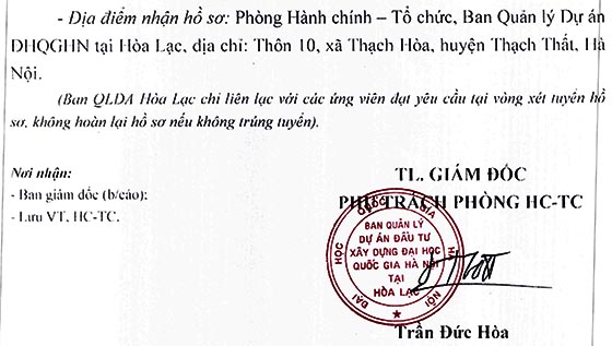 Ban Quản lý dự án Đầu tư xây dựng Đại học Quốc gia Hà Nội tại Hòa Lạc tuyển dụng lao động hợp đồng năm 2019