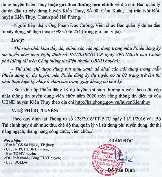 Ban quản lý dự án đầu tư xây dựng huyện Kiến Thụy, TP.Hải Phòng tuyển dụng viên chức năm 2020