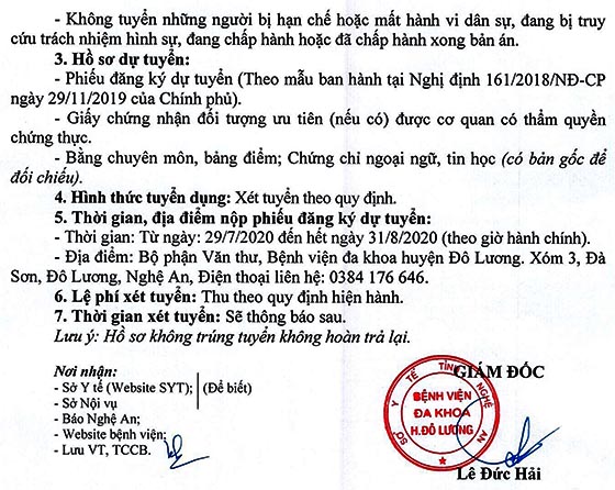 Bệnh viện đa khoa Đô Lương, Nghệ An tuyển dụng viên chức năm 2020