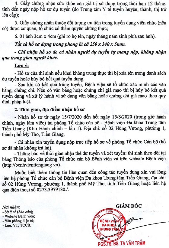 Bệnh viện Đa khoa Trung tâm Tiền Giang tuyển dụng viên chức năm 2020