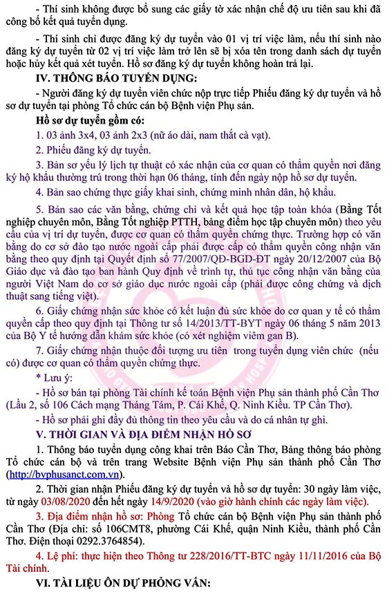 Bệnh viện Phụ sản TP.Cần Thơ tuyển dụng viên chức năm 2020