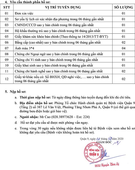 Bệnh viện Quận 9, TP.HCM tuyển dụng nhân sự năm 2020