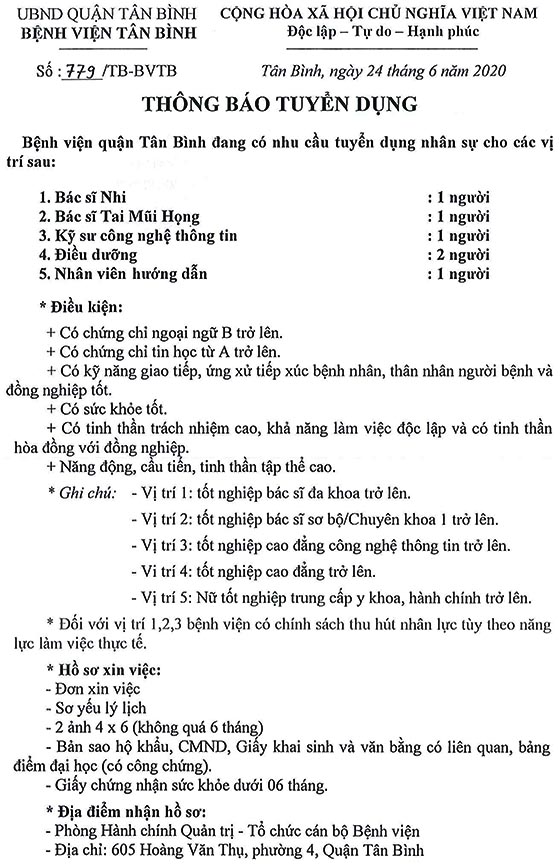 Bệnh viện quận Tân Bình, TP.HCM thông báo tuyển dụng năm 2020