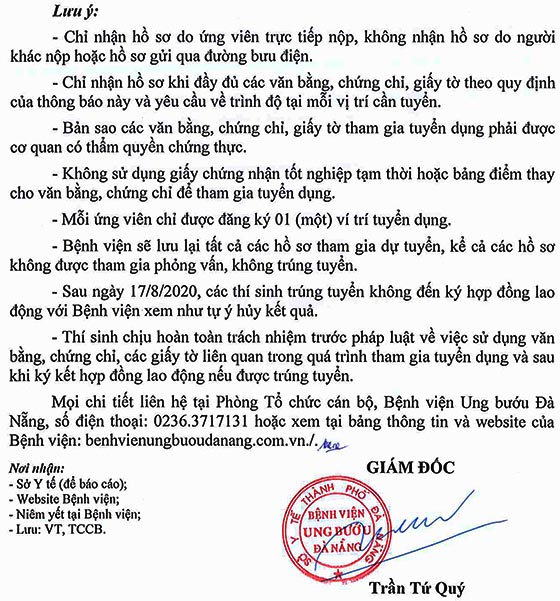 Bệnh viện Ung bướu TP.Đà Nẵng tuyển dụng lao động năm 2020