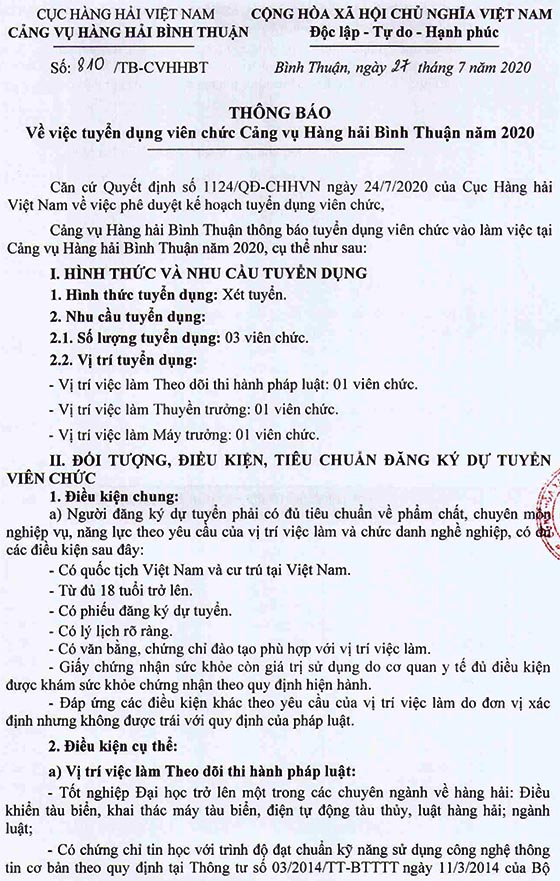 Cảng vụ Hàng hải Bình Thuận tuyển dụng viên chức năm 2020