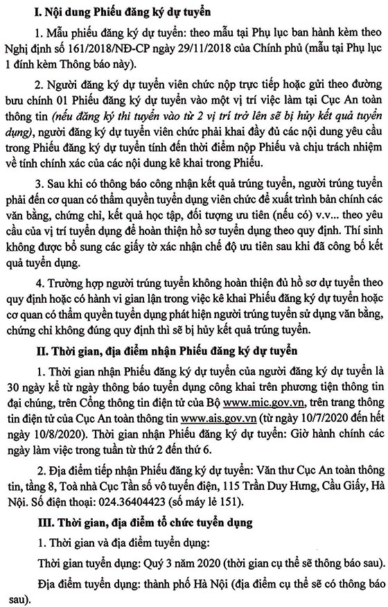 Cục An toàn thông tin, Bộ Thông tin và Truyền thông tuyển dụng viên chức năm 2020