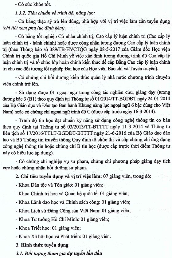 Học viện Chính trị khu vực IV, TP.Cần Thơ tuyển dụng giảng viên năm 2020