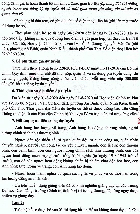 Học viện Chính trị khu vực IV, TP.Cần Thơ tuyển dụng giảng viên năm 2020