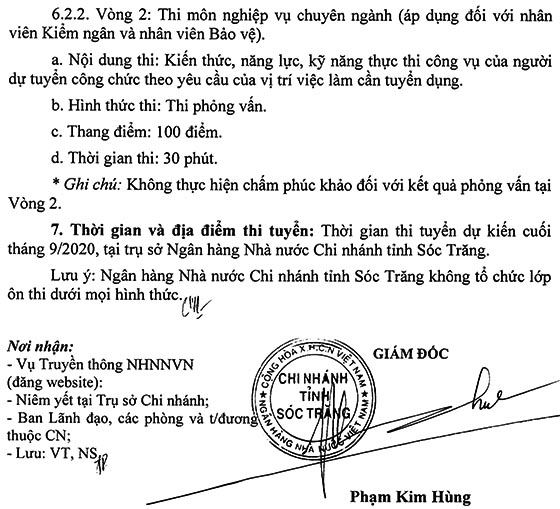 Ngân hàng Nhà nước chi nhánh tỉnh Sóc Trăng tuyển dụng công chức loại D năm 2020