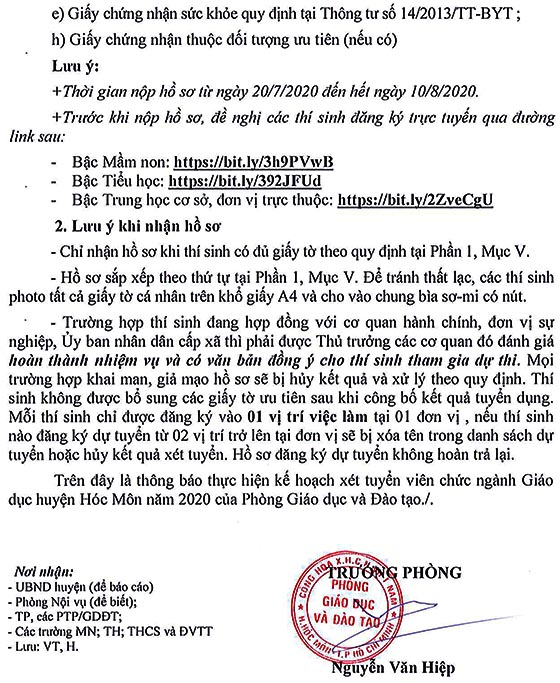 Phòng Giáo dục và Đào tạo huyện Hóc Môn, TP.HCM tuyển dụng viên chức năm học 2020 – 2021