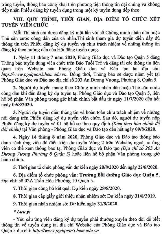 Phòng Giáo dục và Đào tạo Quận 5, TP.HCM tuyển dụng viên chức năm học 2020 - 2021