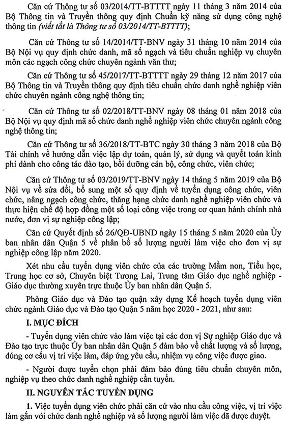 Phòng Giáo dục và Đào tạo Quận 5, TP.HCM tuyển dụng viên chức năm học 2020 - 2021