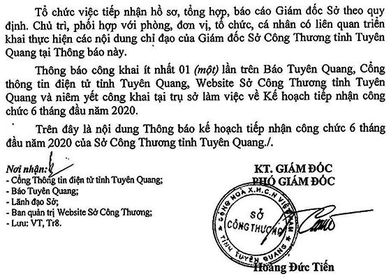Sở Công thương tỉnh Tuyên Quang tiếp nhận công chức năm 2020