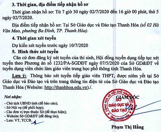 Sở Giáo dục và Đào tạo tỉnh Thanh Hóa thông báo tuyển dụng giáo viên THPT năm 2020