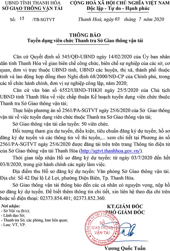 Sở Giao thông vận tải tỉnh Thanh Hóa tuyển dụng viên chức năm 2020