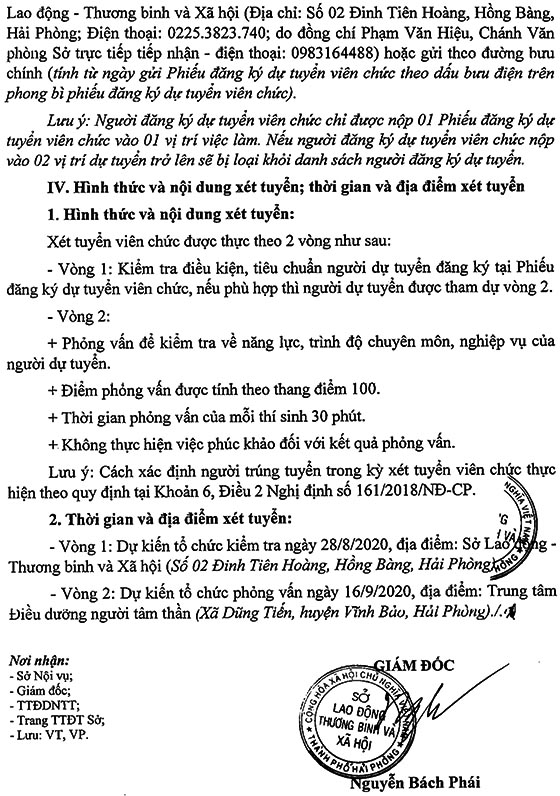 Sở Lao động, Thương binh và Xã hội TP.Hải Phòng tuyển dụng viên chức năm 2020