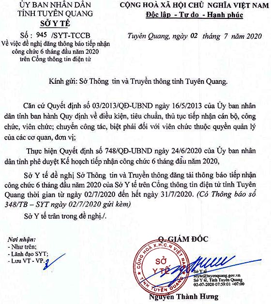 Sở Y tế tỉnh Tuyên Quang tiếp nhận công chức năm 2020