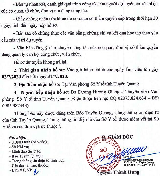 Sở Y tế tỉnh Tuyên Quang tiếp nhận công chức năm 2020