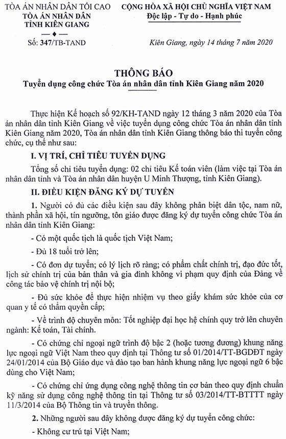 Tòa án nhân dân tỉnh Kiên Giang tuyển dụng công chức năm 2020