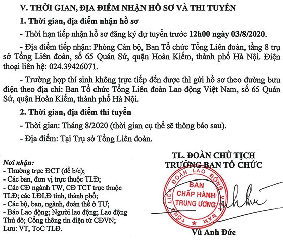 Tổng Liên đoàn Lao động Việt Nam thi tuyển chức danh Phó Chánh Văn phòng Tổng LĐLĐ Việt Nam năm 2020