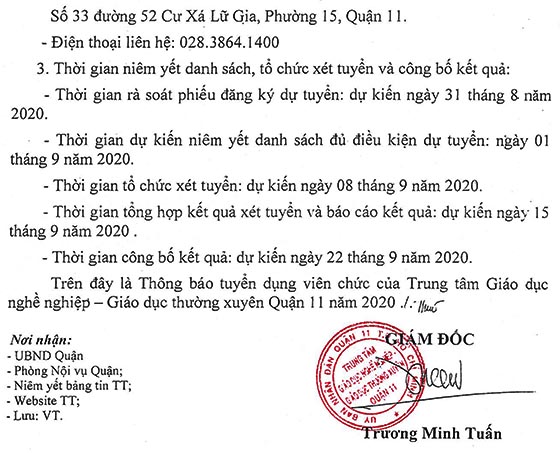 Trung tâm GDNN – GDTX Quận 11, TP.HCM tuyển dụng viên chức năm 2020