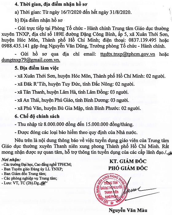 Trung tâm Giáo dục thường xuyên TNXP TP.HCM tuyển dụng giáo viên năm 2020